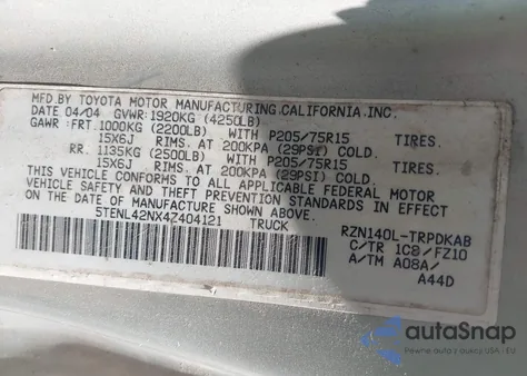 2004 Toyota Tacoma from USA, damaged, VIN 5TENL42NX4Z404121